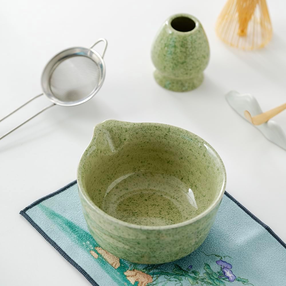 matcha whisk set,matcha set, including matcha bowl, matcha whisk and stand, sieve, spoon, cloth mat, gift for matcha lovers (Green)
