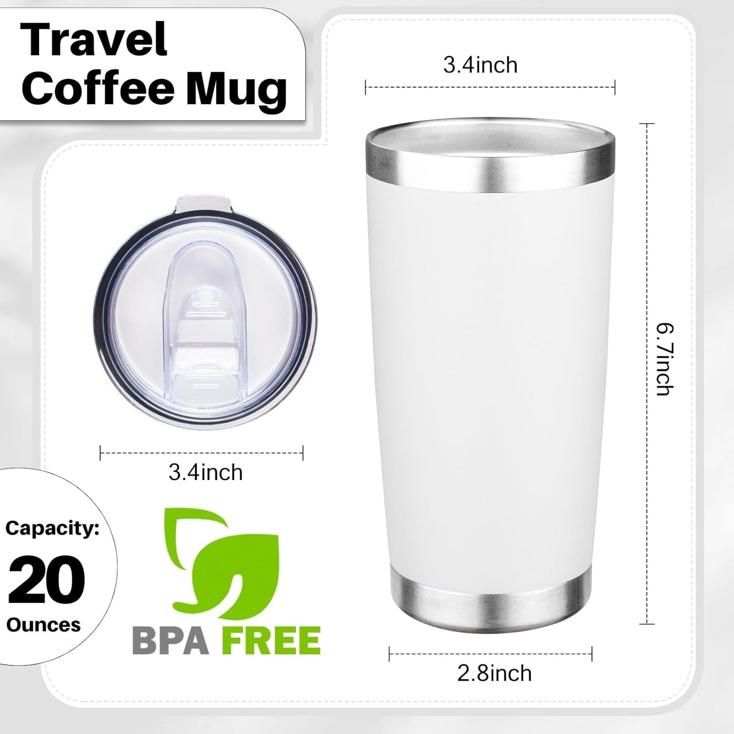20oz Tumbler with Lid Double Wall Vacuum Insulated Travel Coffee Mug Stainless Steel Thermal Cup Powder Coated Sturdy Coffee Tumbler Bulk for Hot and Cold Beverage (White,6)