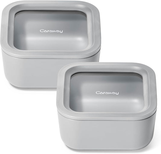 Caraway 2pc Glass Food Storage Set - 4.4 Cup Food Containers (2) - Ceramic Coated - Non Toxic, Non Stick Lunch with Lids - Dishwasher, Oven, & Microwave Safe - Gray