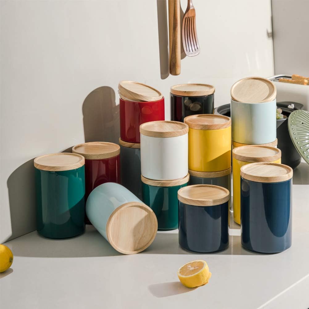 Sweejar Kitchen Canisters Ceramic Food Storage Jar, Stackable Containers with Airtight Seal Wooden Lid for Serving Ground Coffee, Tea, Sugar, Salt and More - 16 Fl Oz (Red)