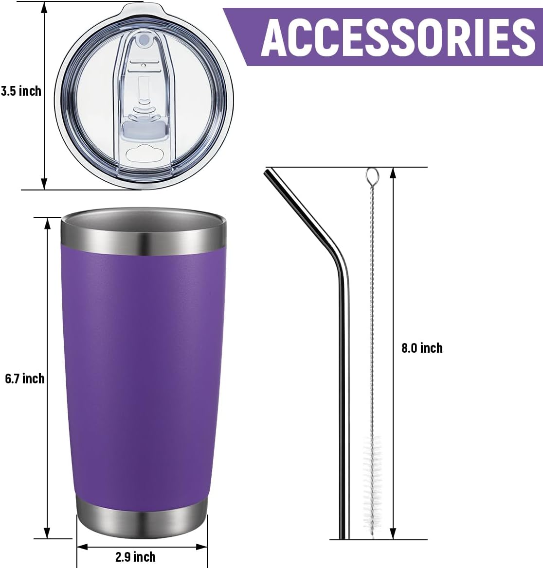 COMOOO 20oz Double Wall Vacuum Insulated Travel Mug, Stainless Steel Tumbler with Lid and Straw for Women Durable Powder Coated Insulated Coffee Cup for Cold & Hot Drinks(Purple, 1 Pack)