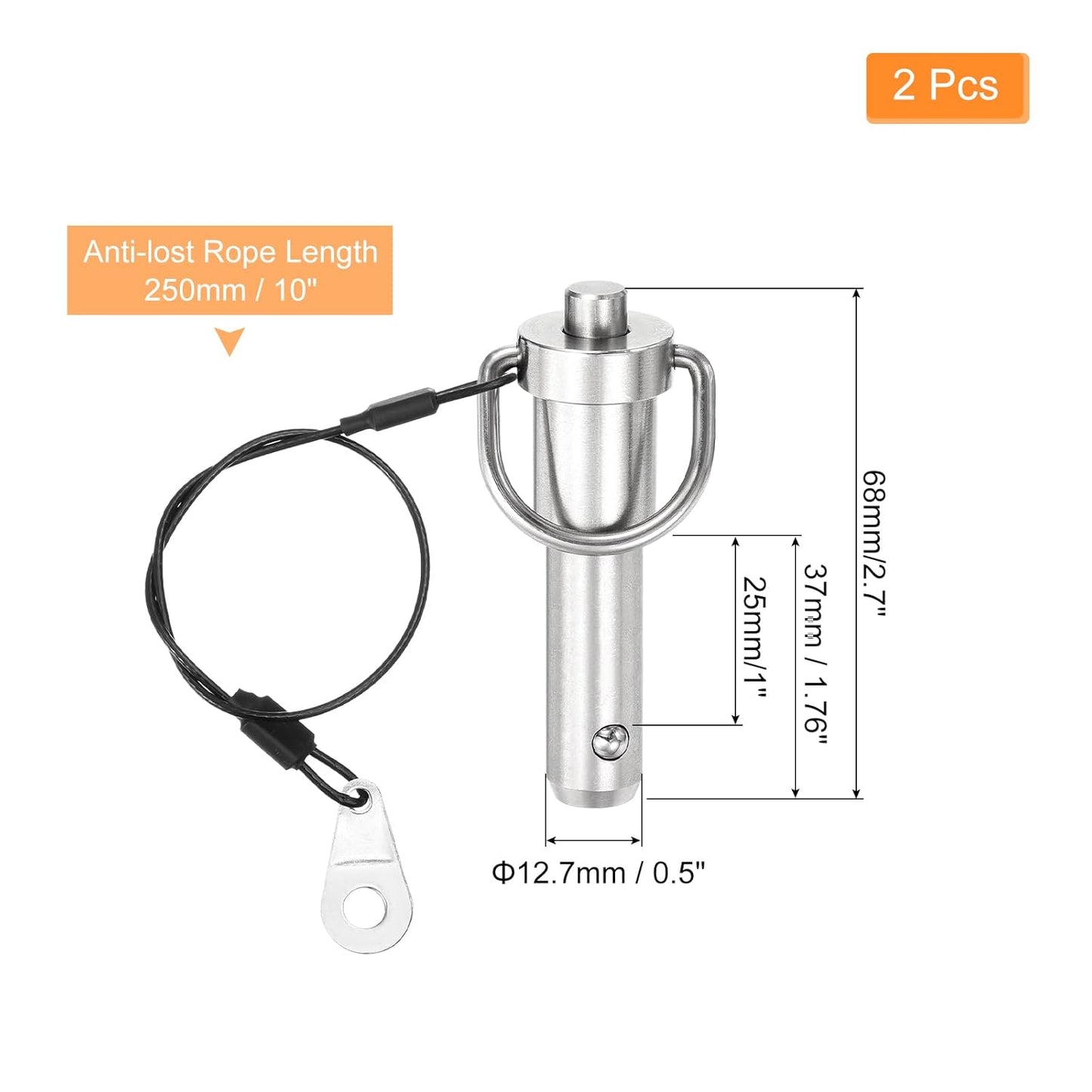 uxcell 2 Pcs Quick Release Pin, 1/2" x 1"(Dia. x L) Push-Button Ball Locking Pin 304 Stainless Steel Ring Handle Locking Pin with Wire for Audio Bimini Top Marine, Silver