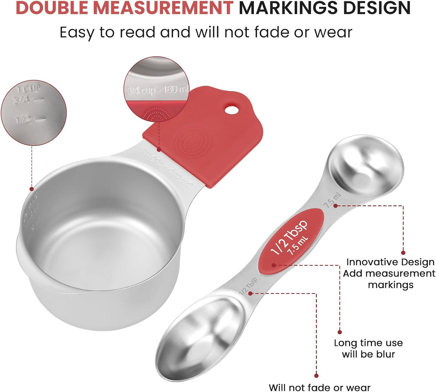 Magnetic Measuring Cups and Spoons Set-Heavy Duty 304 Stainless Steel，Double Measurement Markings，Set of 16 with Leveler for Measure Dry and Liquid Ingredients (Red)