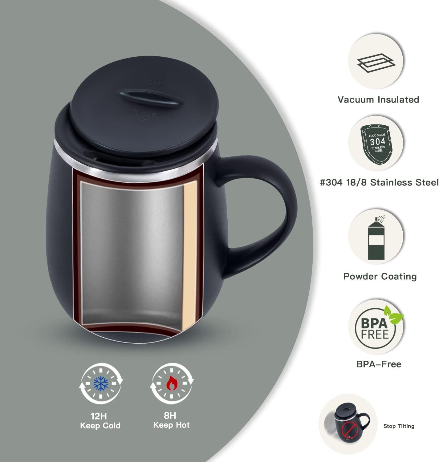 Ideus 16 oz Insulated Coffee Mug with Handle and Lid, Double Wall Stainless Steel Vacuum Thermal Coffee Mug, Travel Coffee Cup Thermal Cup for Home and Office, Storm Black