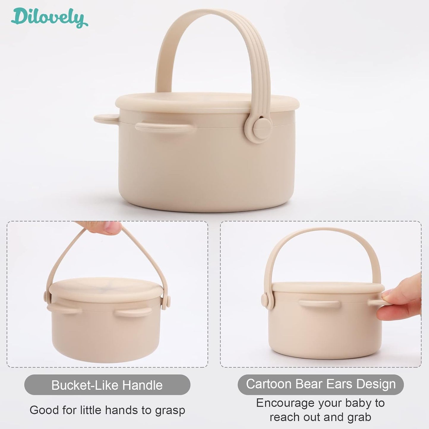 Snack Cups for Toddlers, Baby Snack Containers, Silicone Toddler Snack Cups No Spill, Food Catcher with Lid & Bucket-like Handle, BPA Free & Dishwasher Safe, 9 Ounce Creme