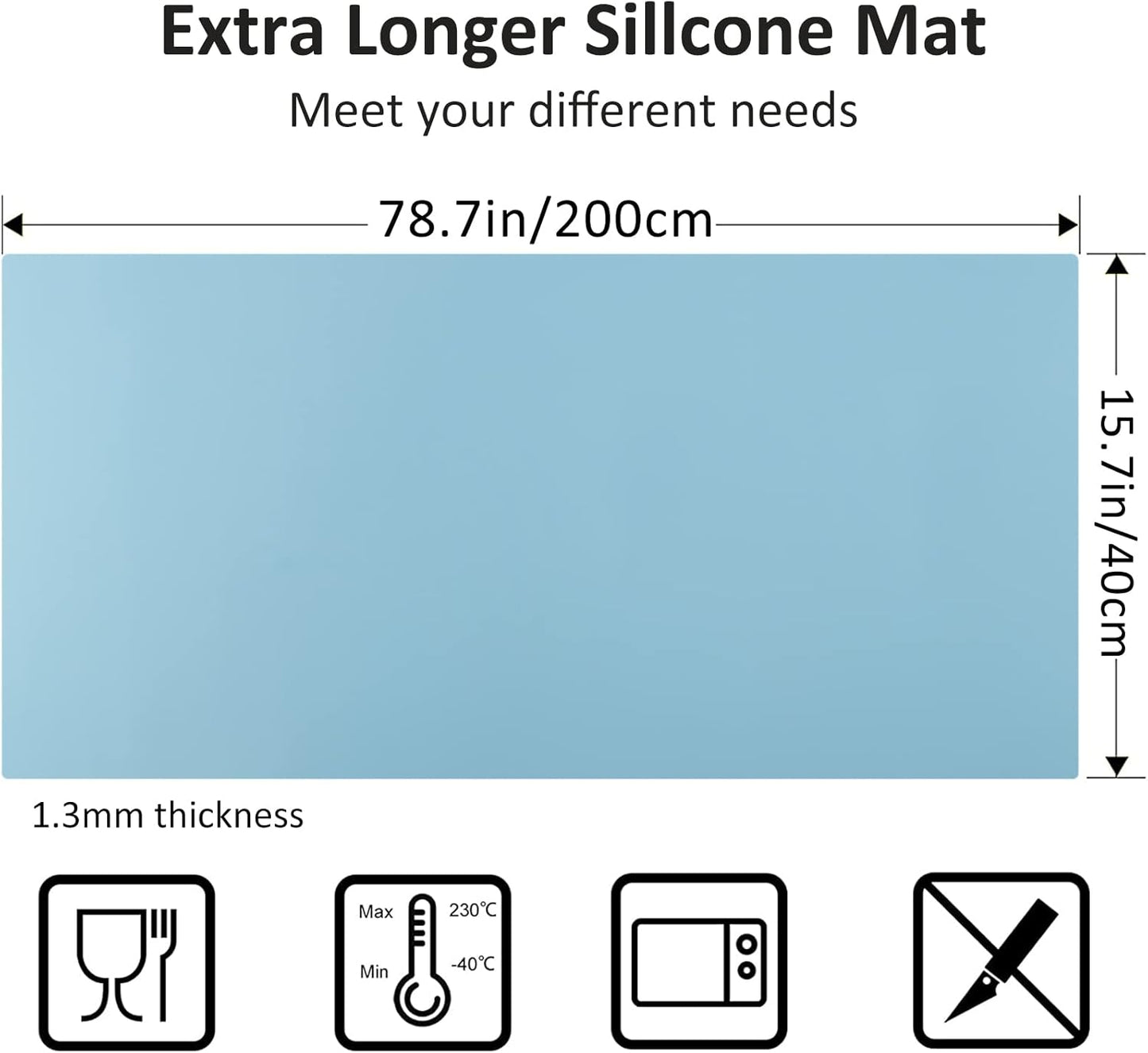 Large Silicone Heat Resistant Mat 78.7” x 15.7”, Nonslip Silicone Mats for Kitchen Counter, Countertop Protector, Nonstick Waterproof Craft Mat Table Placemat, Cyan