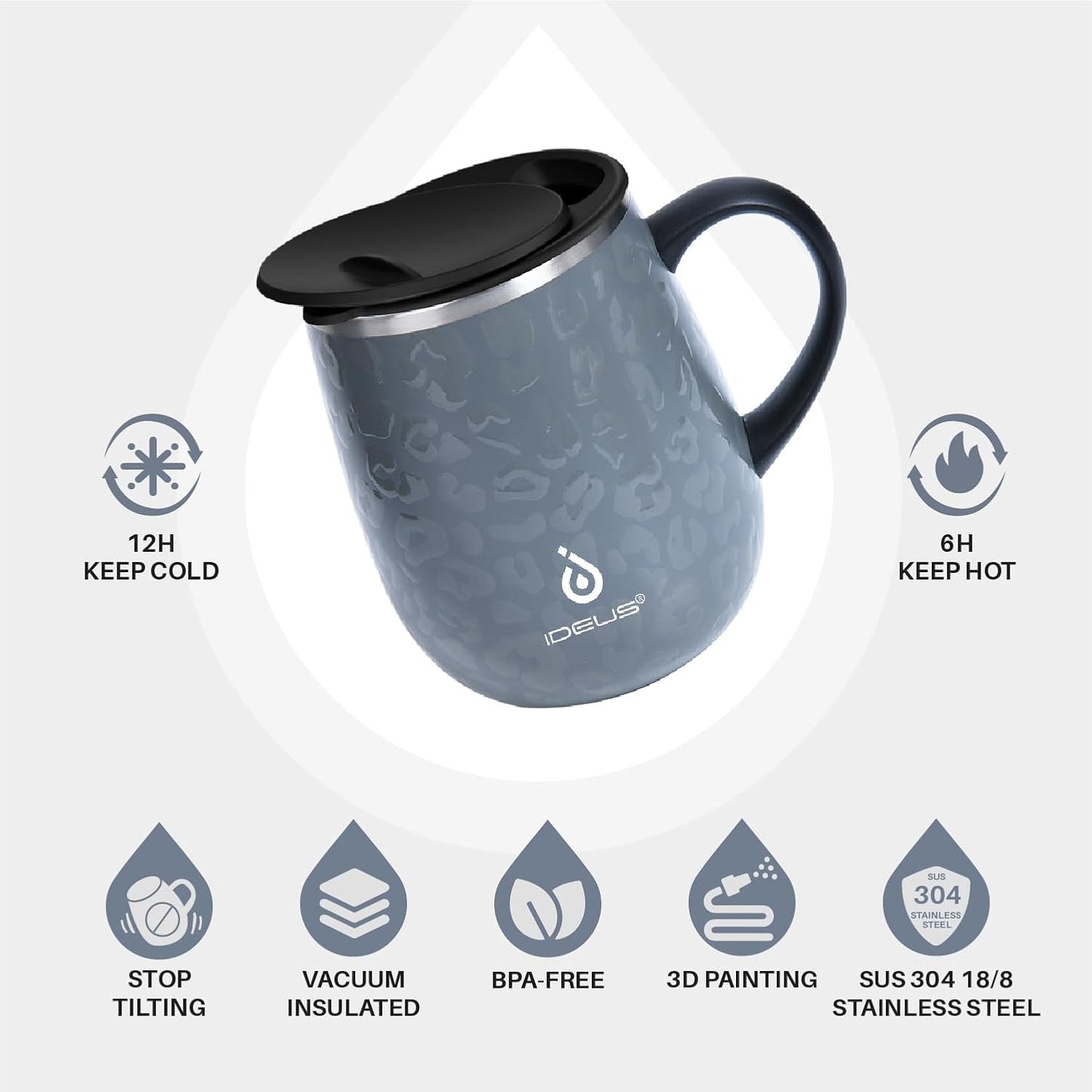 Ideus 16 oz Insulated Coffee Mug with Handle and Lid, Double Wall Stainless Steel Vacuum Thermal Coffee Mug, Travel Coffee Cup Thermal Cup for Home and Office, Leopard Gray