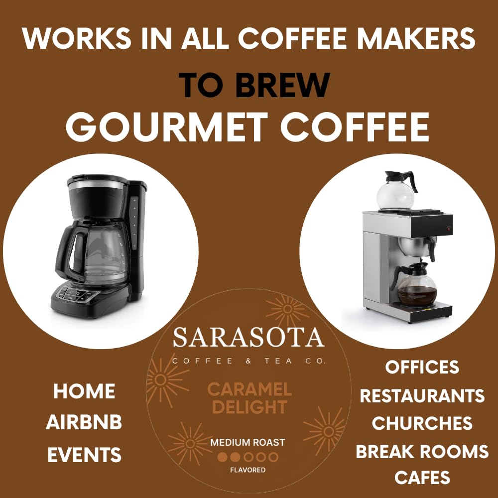 Sarasota Coffee Ground Packets | Gourmet Flavored Medium Roast Bulk Coffee Packs | Salted Caramel | Low Acid Mold Free Singles Individual Pouches for 12 Cup Coffee Maker | 2 Ounce Bags, 36 Count