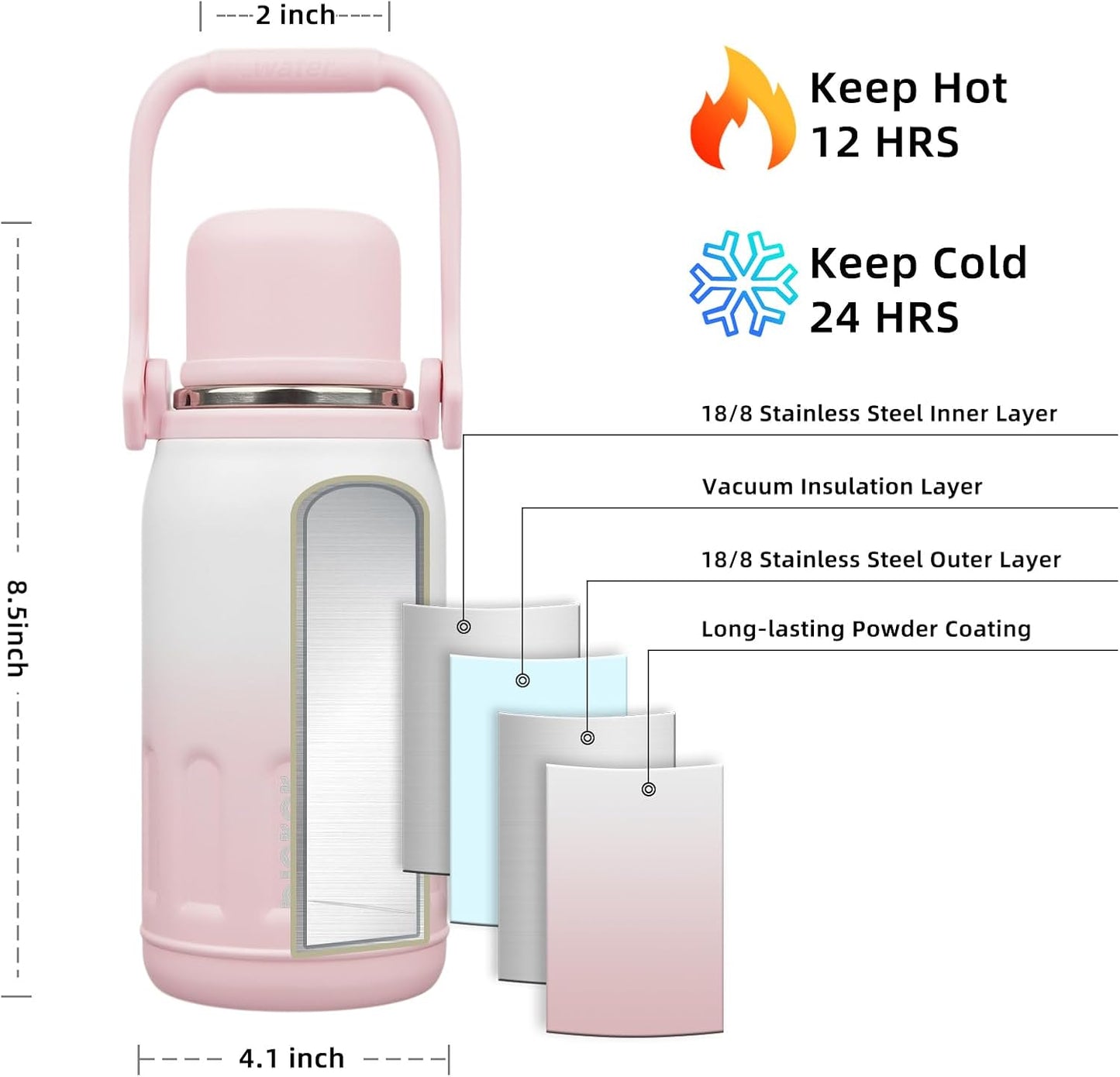 BJPKPK Insulated 27oz Thermos Water Bottle with Lid and Carry Handle Stainless Steel Water Bottles for School,Pink Pearl