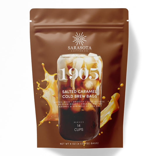 Sarasota Coffee 1905 Cold Brew Coffee Bags | Salted Caramel | Blonde-Medium Roast | Smooth & Low Acid | Ground Filter Packs | Cold Brew Kit Makes 14 Cups | Creamy Caramel & Sea Salt Notes