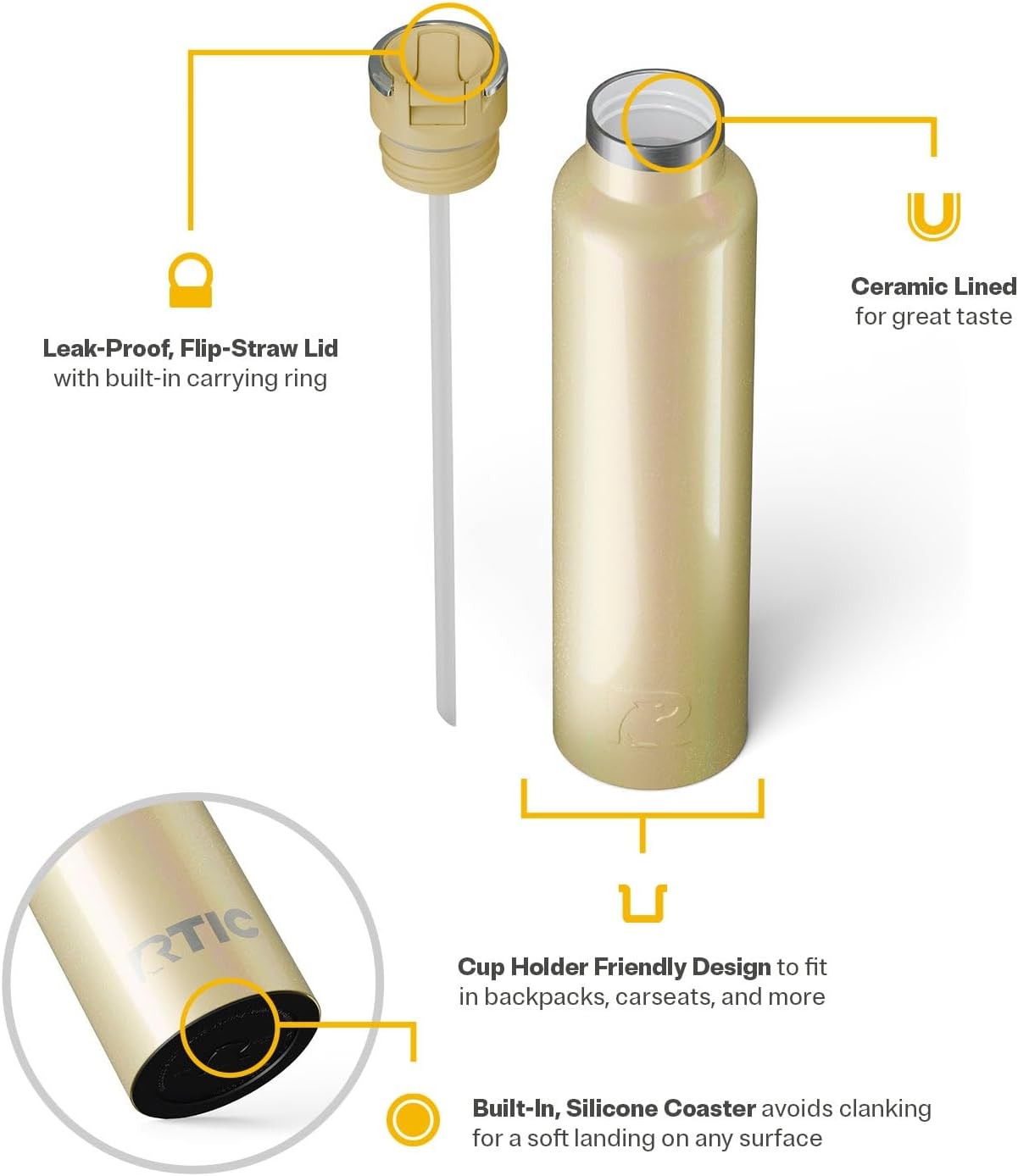 RTIC 26oz Journey Bottle Metal Stainless Steel Vacuum Insulated, BPA Free, Reusable, for Water, Hot and Cold Drinks, Travel, Sports, Camping, Sunlight Glitter