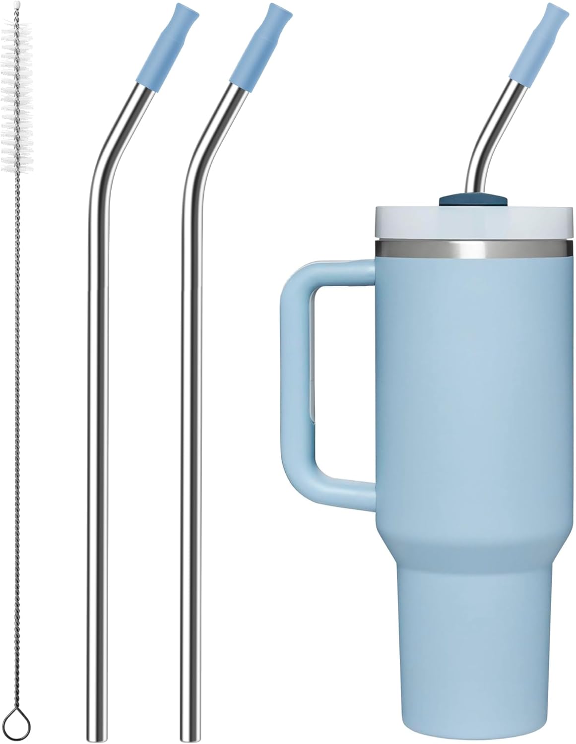 2 Pcs Stainless Steel Straw with Silicone Tips for 40 oz Stanley Tumbler, Repeatable 40 oz Metal Straws for Stanley Adventure Quencher Travel Tumbler Cup, BPA Free（Light Blue）