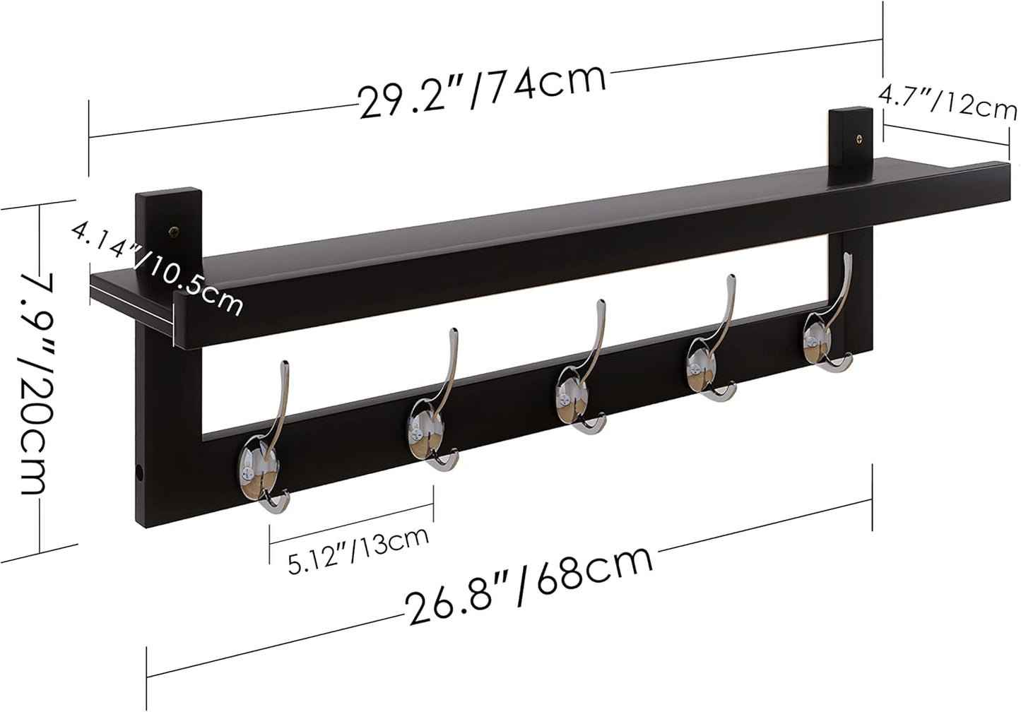 SMIBUY Coat Hooks with Shelf Wall-Mounted, 29.2 Inch Entryway Coat Rack for Wall, Bamboo Hanging Shelf with 5 Double Metal Hooks for Bathroom, Bedroom, Kitchen, Living Room, Mudroom (Black+Silver)