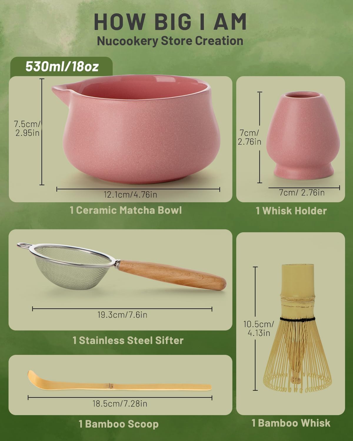 Nucookery Matcha Set - 5PCS Matcha Whisk Set, 18OZ Matcha Bowl (Chawan) with Spout, Matcha Whisk (Chasen) and Holder, Bamboo Matcha Scoop and Sifter, Matcha Kit/Tools/Accessories for Tea Ceremony