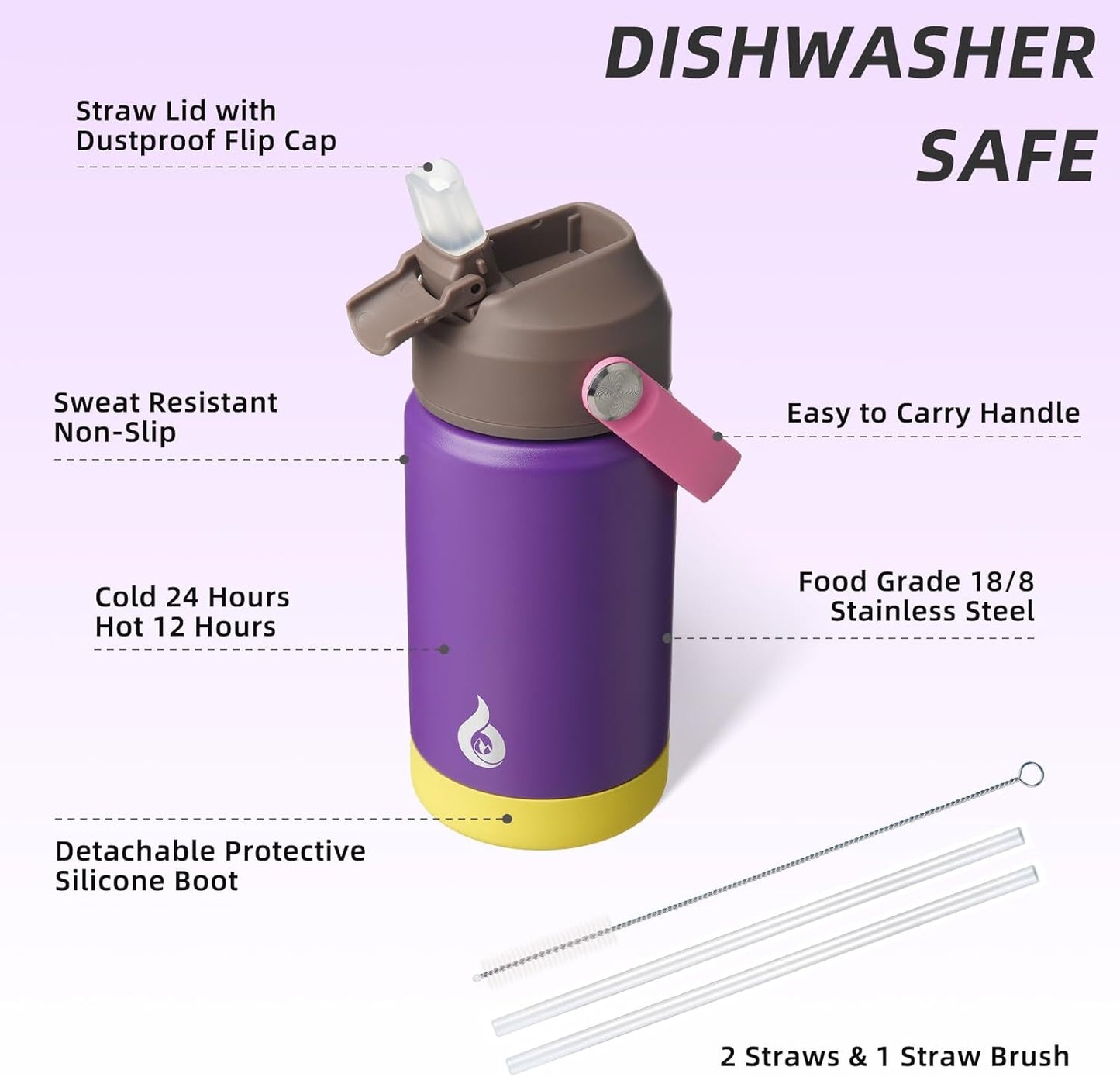 BJPKPK Insulated Water Bottle with Straw Lid, 12oz Thermos Water Bottles with Soft Nozzle, Flex Handle & Non-slip Boot, BPA Free Leak Proof Stainless Steel Metal Thermos, Tumblers, Cups,Violet