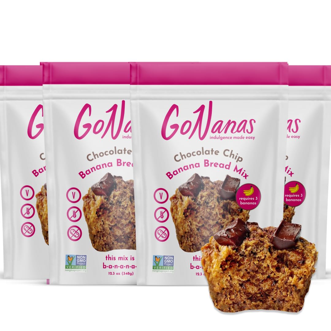 GoNanas Chocolate Chip Oat Flour Banana Bread Mix, Suitable for Plant Based Vegan Diets, Gluten Free Dairy Free Snacks, Healthy Snacks For Adults, Muffin Mix, Nut Free, Cupcakes Dessert, NON-GMO, 4pk