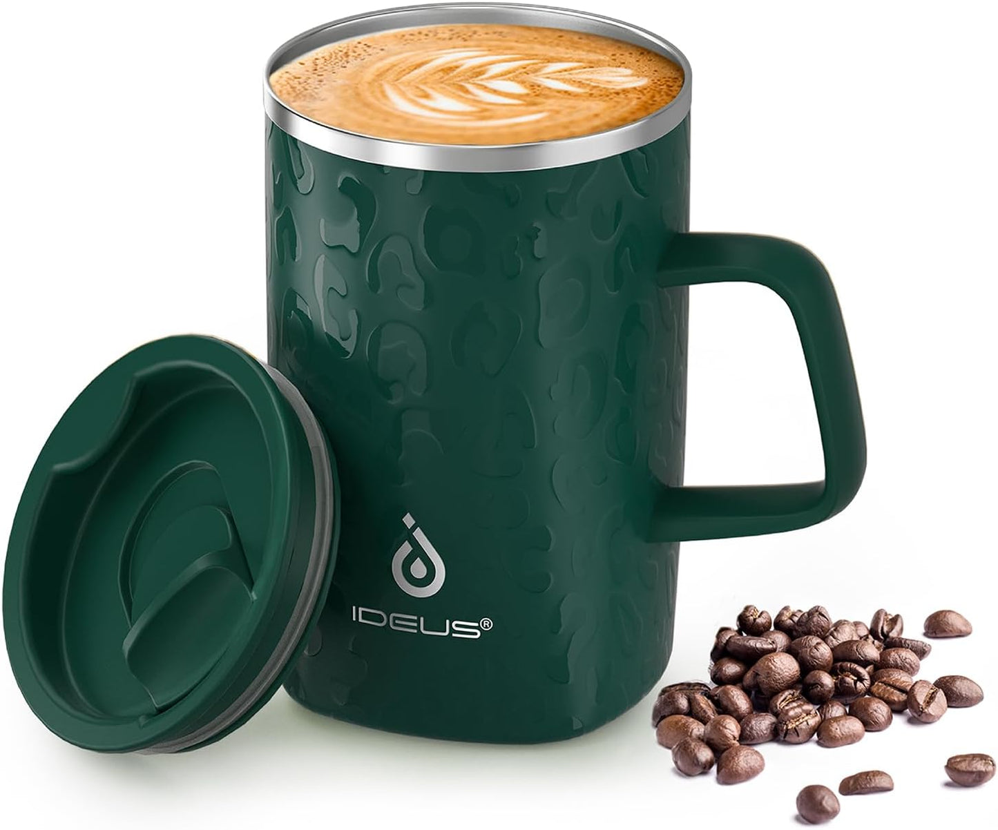 Ideus Vacuum Insulated Coffee Mug, 16oz Reusable Stainless Steel Thermal Double Walled cup with Handle and Slider Lid for Hot & Cold Beverages, BPA Free (Leapord Dark Green)