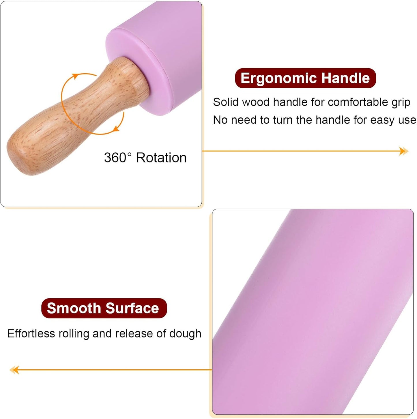 HARFINGTON Silicone Rolling Pins for Baking 12.2 Inch Non-Stick Silicone Surface Wooden Handle Rolling Pin Small Roller Playdough Rolling Pins for Fondant Kitchen Dough Pizza, Purple