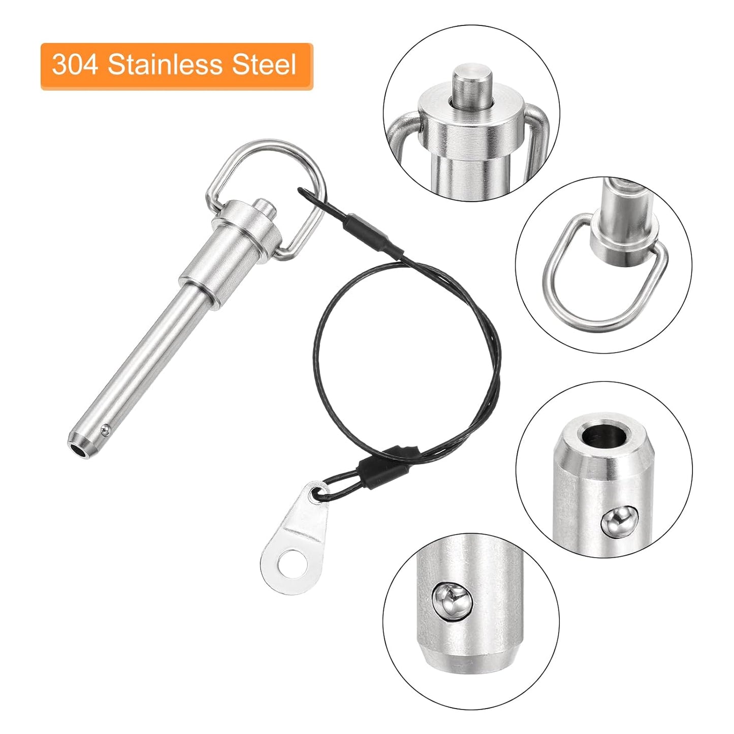 uxcell 2 Pcs Quick Release Pin, 5/16" x 1.57"(Dia. x L) Push-Button Ball Locking Pin 304 Stainless Steel Ring Handle Locking Pin with Wire for Audio Bimini Top Marine, Silver