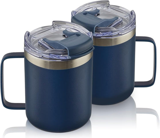 ALOUFEA 12oz Stainless Steel Insulated Coffee Mug with Handle, Double Wall Vacuum Tumbler Cup with Fliping Lid, Navy, 2 Pack
