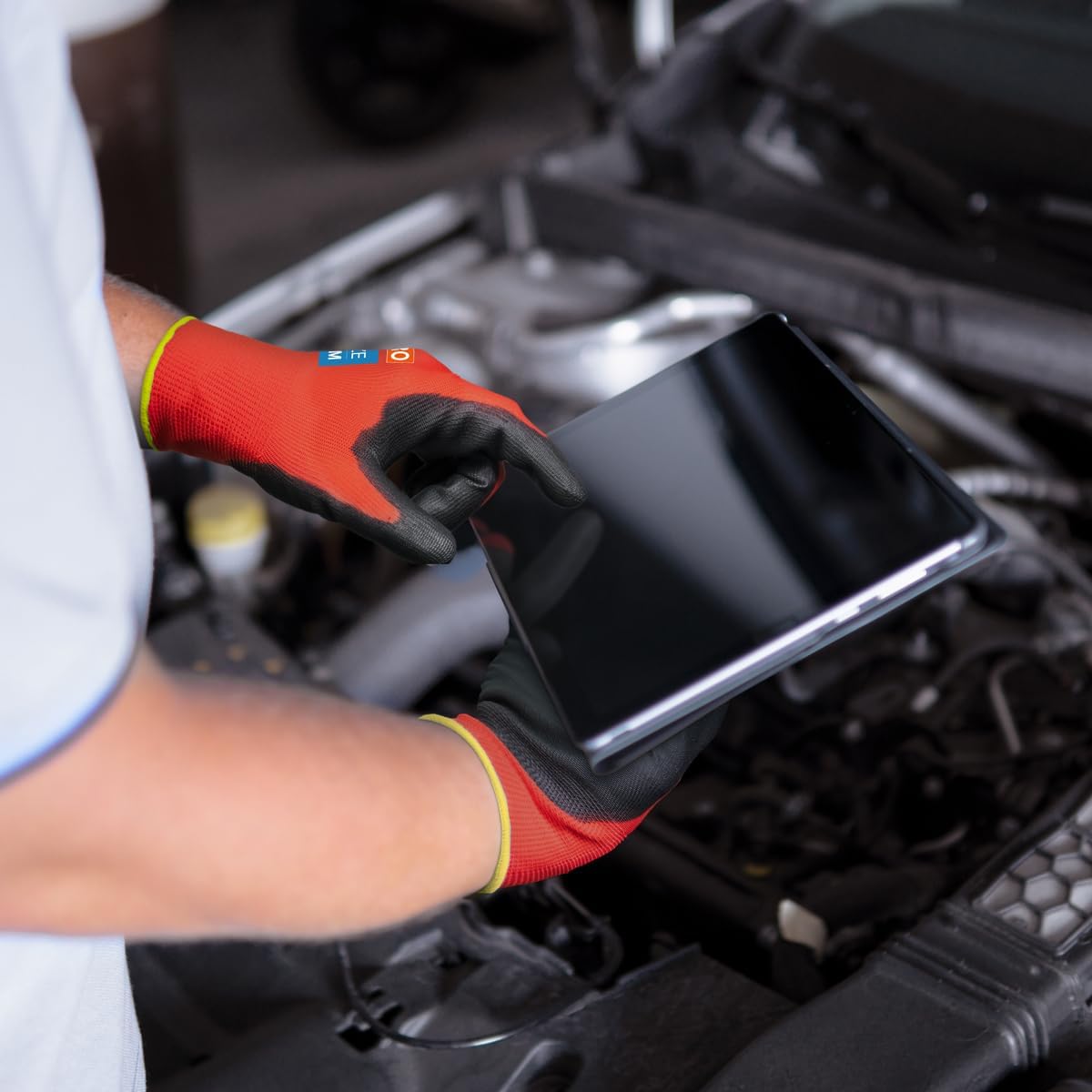 KAYGO Safety Work Gloves PU Coated for Men and Women- KG11P,12 Pairs,Seamless Knit Glove with Two Fingers Touchscreen,Ideal for General Duty Work (Red,L)