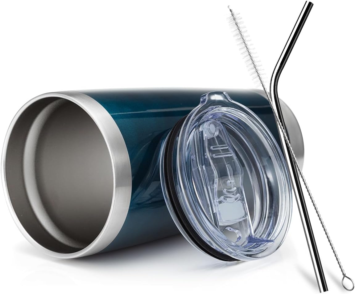 COMOOO 20oz Double Wall Vacuum Insulated Travel Mug, Stainless Steel Tumbler with Lid and Straw Durable Powder Coated Insulated Coffee Cup for Cold & Hot Drinks (Peacock blue, 4)