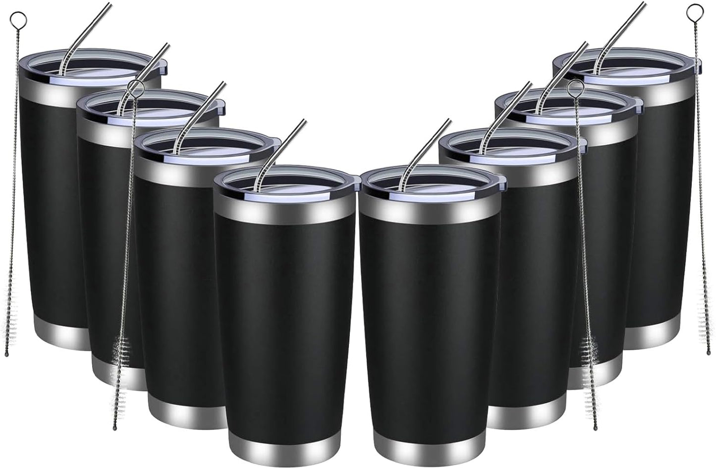 MEWAY 20oz Tumbler 8 Pack Double Wall Vacuum Insulated Travel Mug Bulk, Stainless Steel Tumblers with Lid and Straw, Durable Powder Coated Coffee Cups for Cold & Hot Drinks (Black, 8)