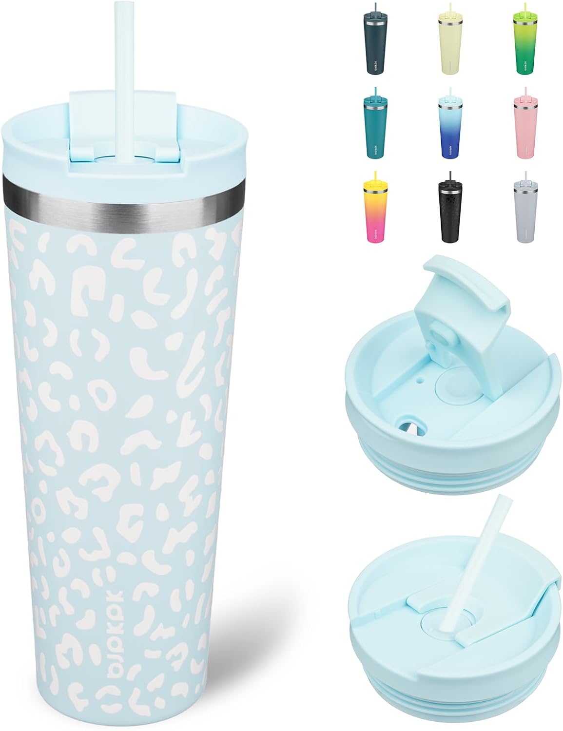 BJPKPK 26oz Tumbler With lid And Straw Stainless Steel Travel Coffee Mug Insulated Tumblers Cups,Light Blue Leopard