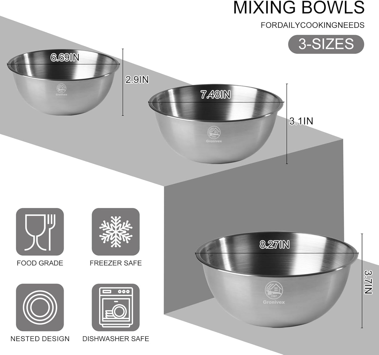 3-Piece Stainless Steel Mixing Bowls Set (6.69" 7.48" 8.27" inch) - Food Grade 304 with Measurement Marks, Dishwasher Safe & Stackable - Perfect for Baking, Salad Making, Meal Prep and Kitchen Use