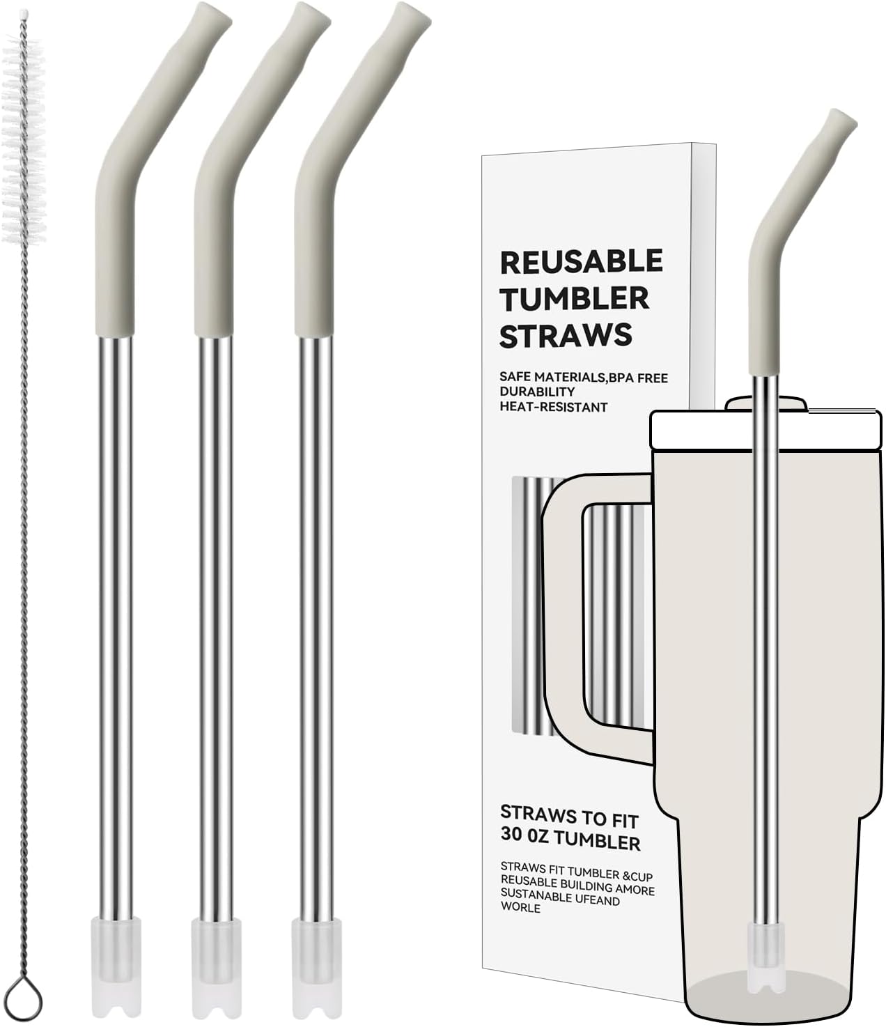 Reusable Metal Straws with Silicone Tip for Stanley 30oz,Stainless Steel Drinking Straws for 30oz Tumbler,3 Straight Tubes & 6 Tips& 1 Cleanr Brush (Cream)