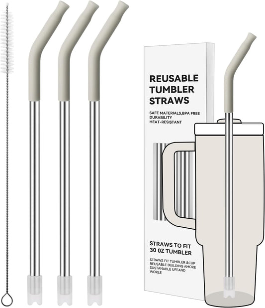 Reusable Metal Straws with Silicone Tip for Stanley 30oz,Stainless Steel Drinking Straws for 30oz Tumbler,3 Straight Tubes & 6 Tips& 1 Cleanr Brush (Cream)