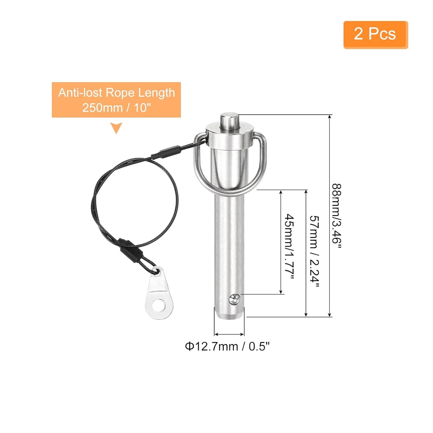 uxcell 2 Pcs Quick Release Pin, 1/2" x 1.77"(Dia. x L) Push-Button Ball Locking Pin 304 Stainless Steel Ring Handle Locking Pin with Wire for Audio Bimini Top Marine, Silver