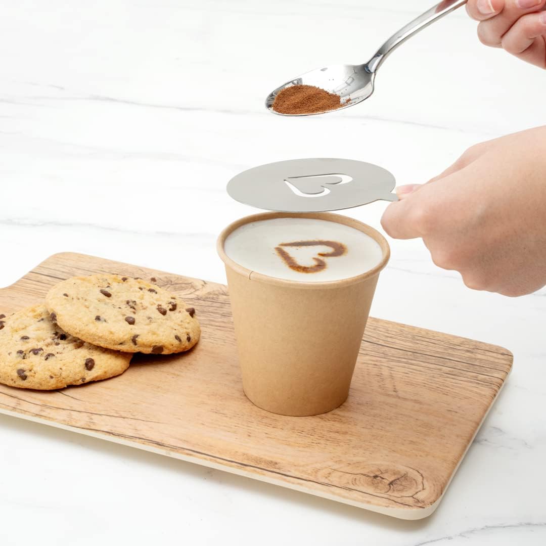 Restaurantware Restpresso 4.75 Inch Latte Stencil Set 8 Heat-Resistant Coffee Stencils - Coffee Art Templates Decorate Cupcakes Cakes or Cookies Stainless Steel Cappuccino Stencil Set