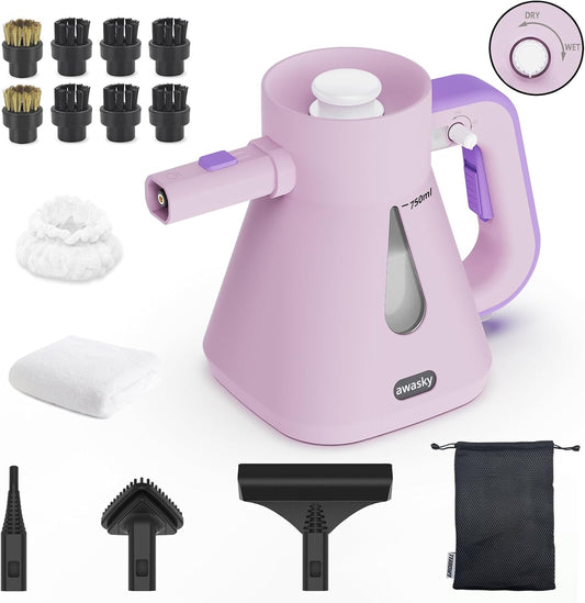 Steam Cleaner Handheld: 1200W Fast 10-Sec Heat-Up-750mL (25oz) Tank-No Cooling-Refill Anytime-Lockable Steam Trigger-14-Piece Kit Hand Held Steamer for Home Car Grout Tile Cleaning Pink