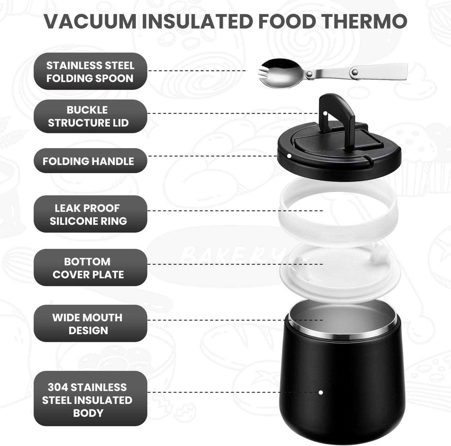 Soup Thermo for Hot Food 20oz Lunch Containers with Buckle Lid Wide Mouth Hot Food Jar Vacuum Insulated Stainless Steel Bento Box Leakproof with Spoon(Black)