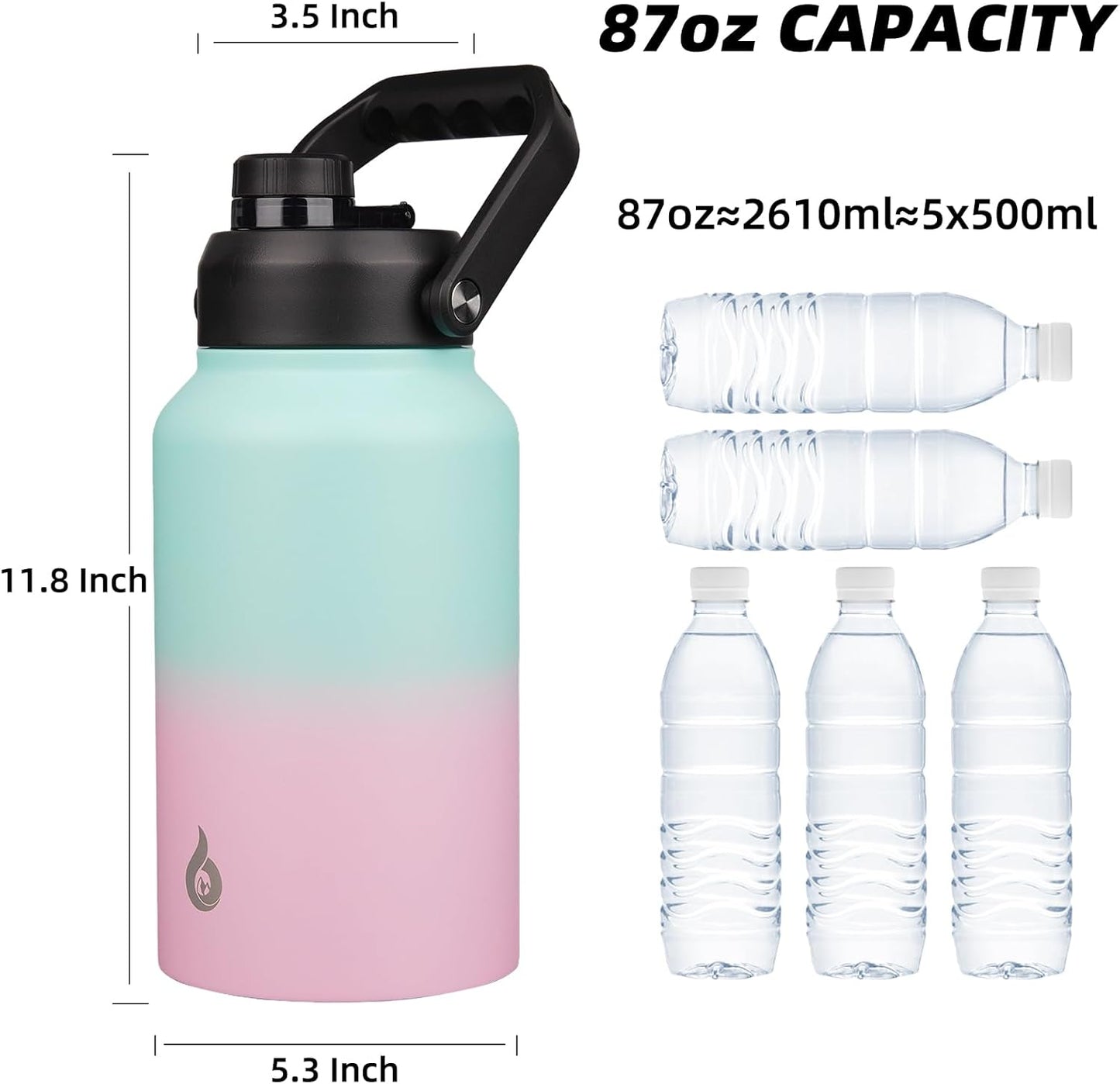 BJPKPK 87oz Insulated Water Bottle, Dishwasher Safe 2/3 Gallon Water Bottle with Ergonomic Handle, BPA Free Leak Proof Water Jug, Stainless Steel Metal Water Bottle with Anti-slip Bottom,Marshmallow