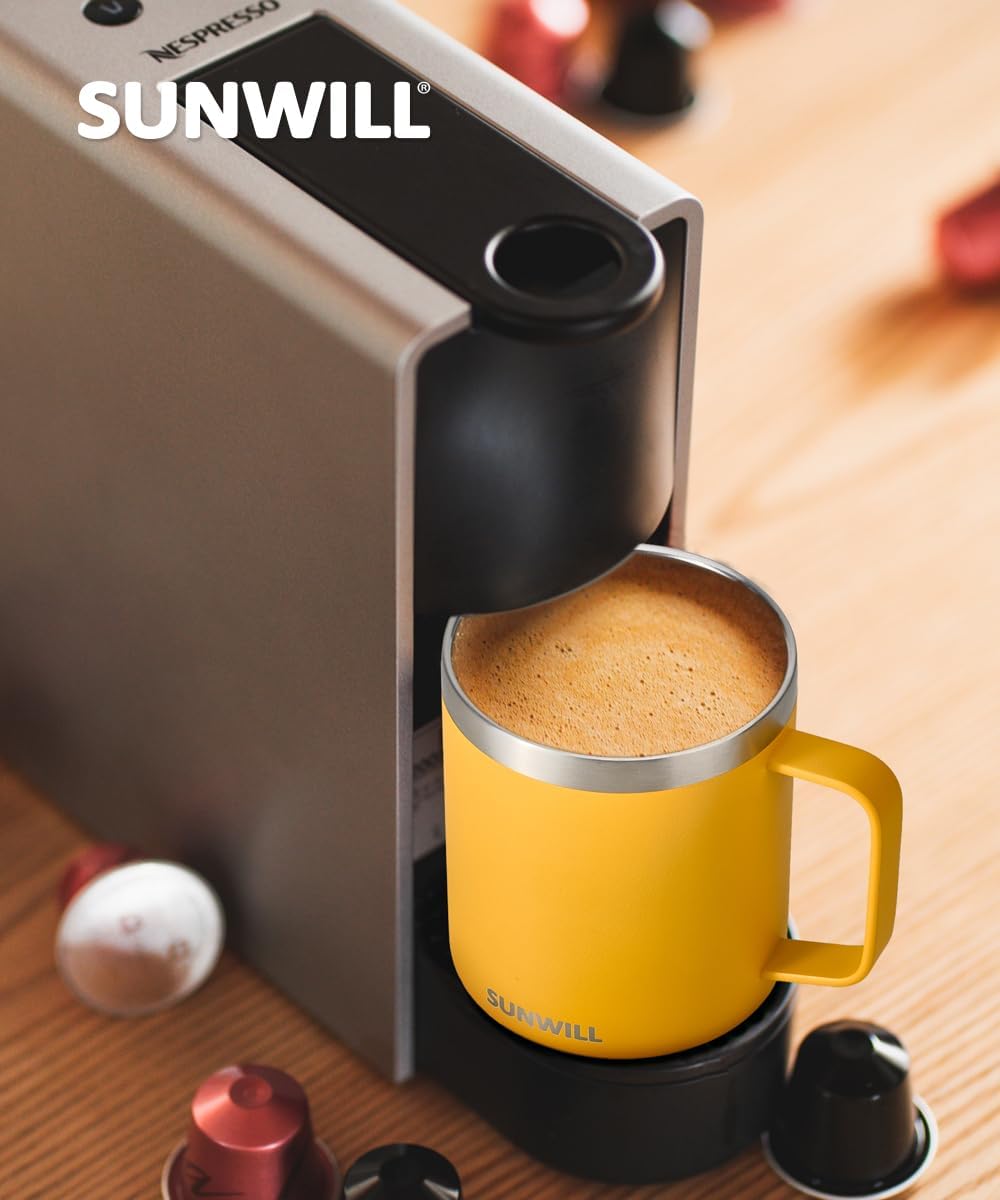 SUNWILL Insulated Coffee Mug with Lid, Travel Tumbler with Handle, 14 oz Stainless Steel Cup for Camping, Office, Home, Powder Coated Yellow