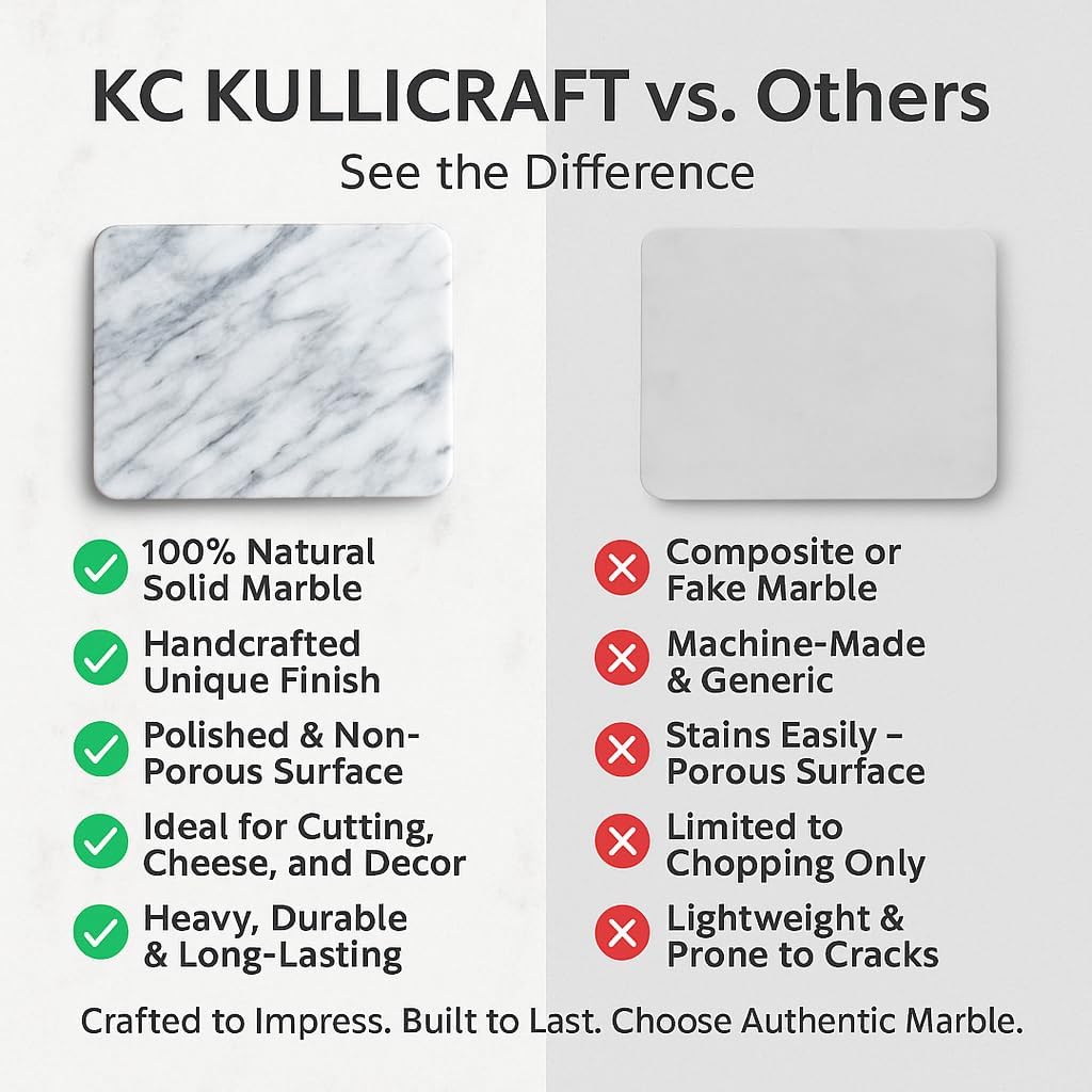 KC KULLICRAFT 8×12 White Marble Cheese & Charcuterie Serving Board – Natural Marble Cutting Board & Pastry Slab with Non‑Slip Feet – Premium Stone Kitchen Tray Gift.