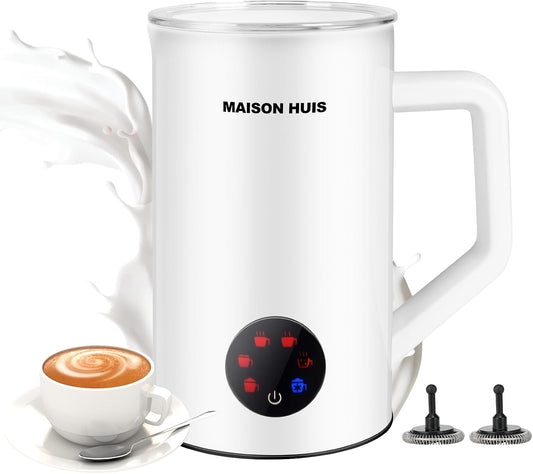 MAISON HUIS 6-IN-1 Milk Frother 550Watts, 20 oz Electric Stainless Steel, Hot and Cold Milk Frother for Latte, Macchiato, Cappuccino and Hot Chocolate, White