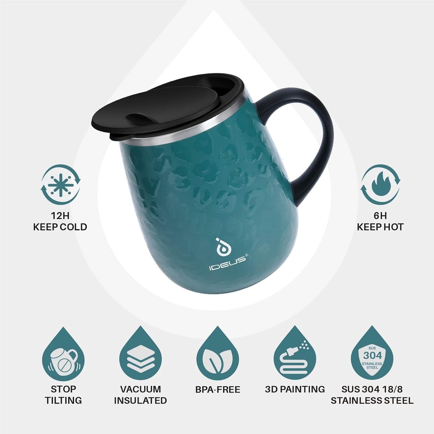 Ideus 16 oz (470 ml) Insulated Coffee Mug with Handle and Lid, Double Wall Stainless Steel Vacuum Thermal Coffee Mug, Travel Coffee Cup Thermal Cup for Home and Office, Leopard Green