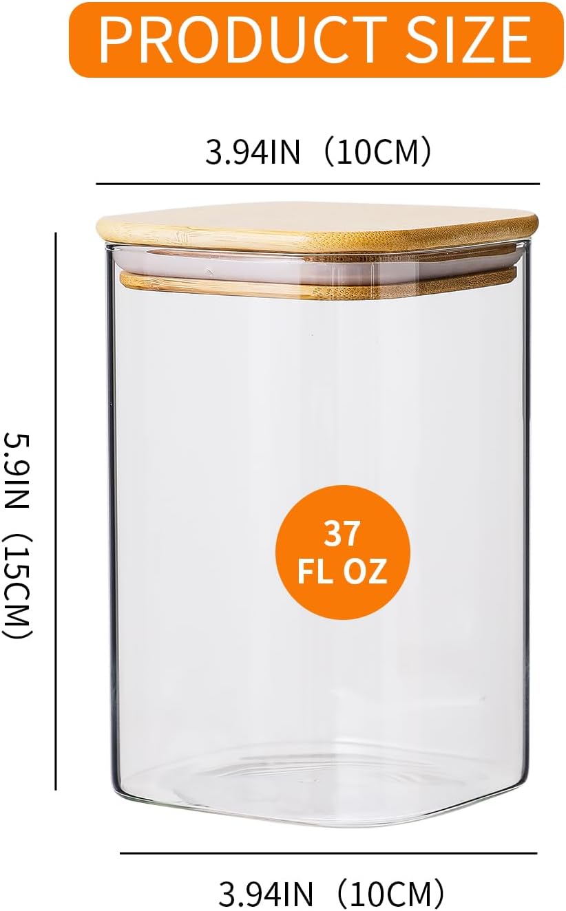 Glass Food Storage Containers with Bamboo Lids, 34 Oz High Borosilicate Glass Jars for Coffee Bean, Candy, Cookie, Flour, Square
