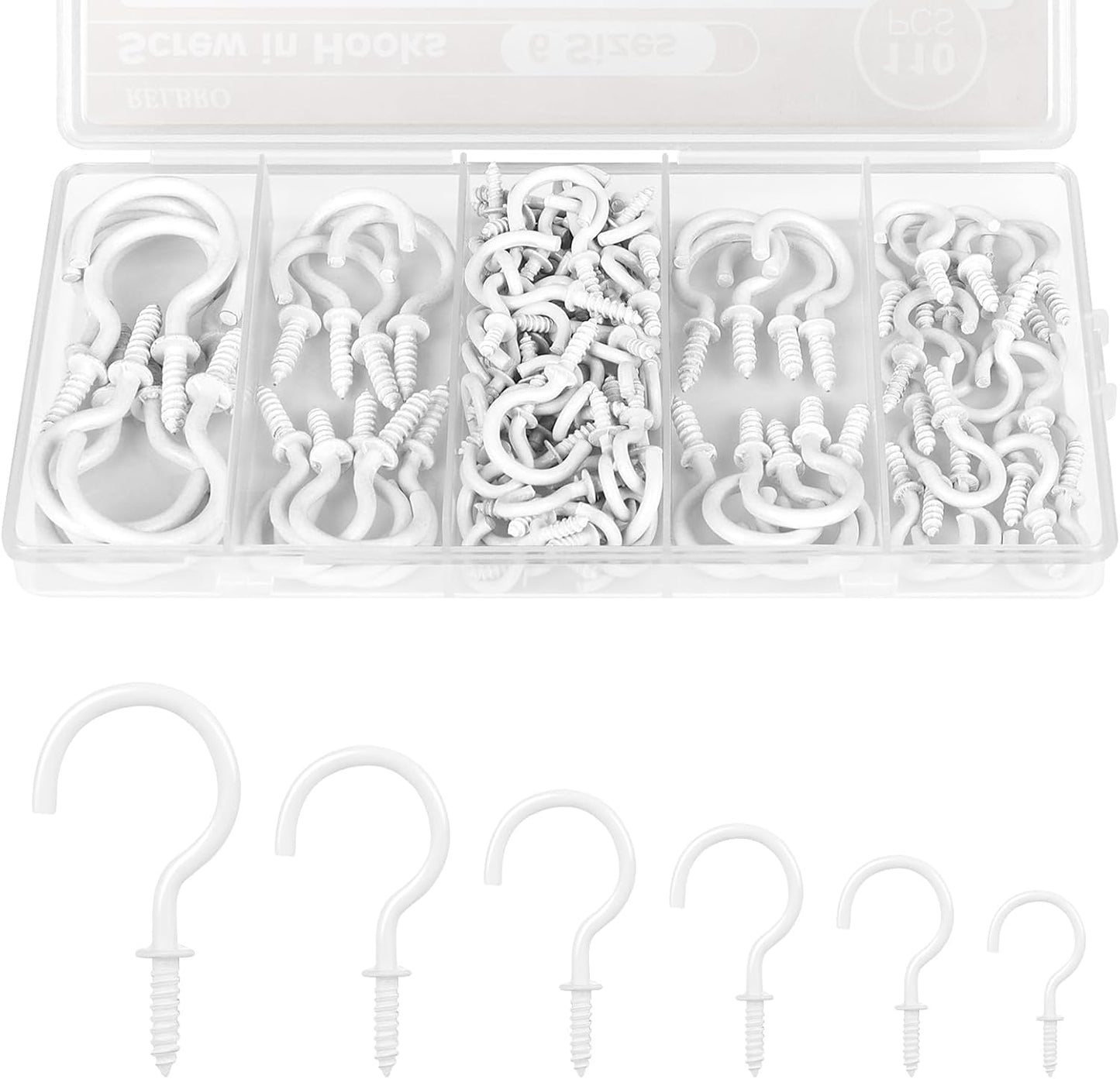 RELBRO Screw Hooks, 6 Sizes Metal Screw in Cup Hooks, 1/2 Inch, 5/8 Inch, 3/4 Inch, 7/8 Inch, 1 Inch, 1-1/4 Inch, White, 110 Pcs