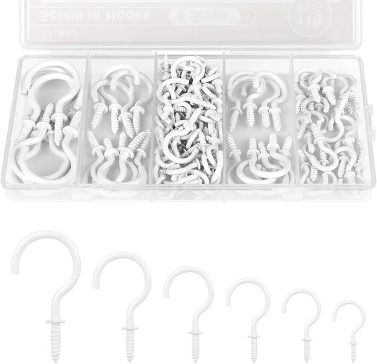 RELBRO Screw Hooks, 6 Sizes Metal Screw in Cup Hooks, 1/2 Inch, 5/8 Inch, 3/4 Inch, 7/8 Inch, 1 Inch, 1-1/4 Inch, White, 110 Pcs