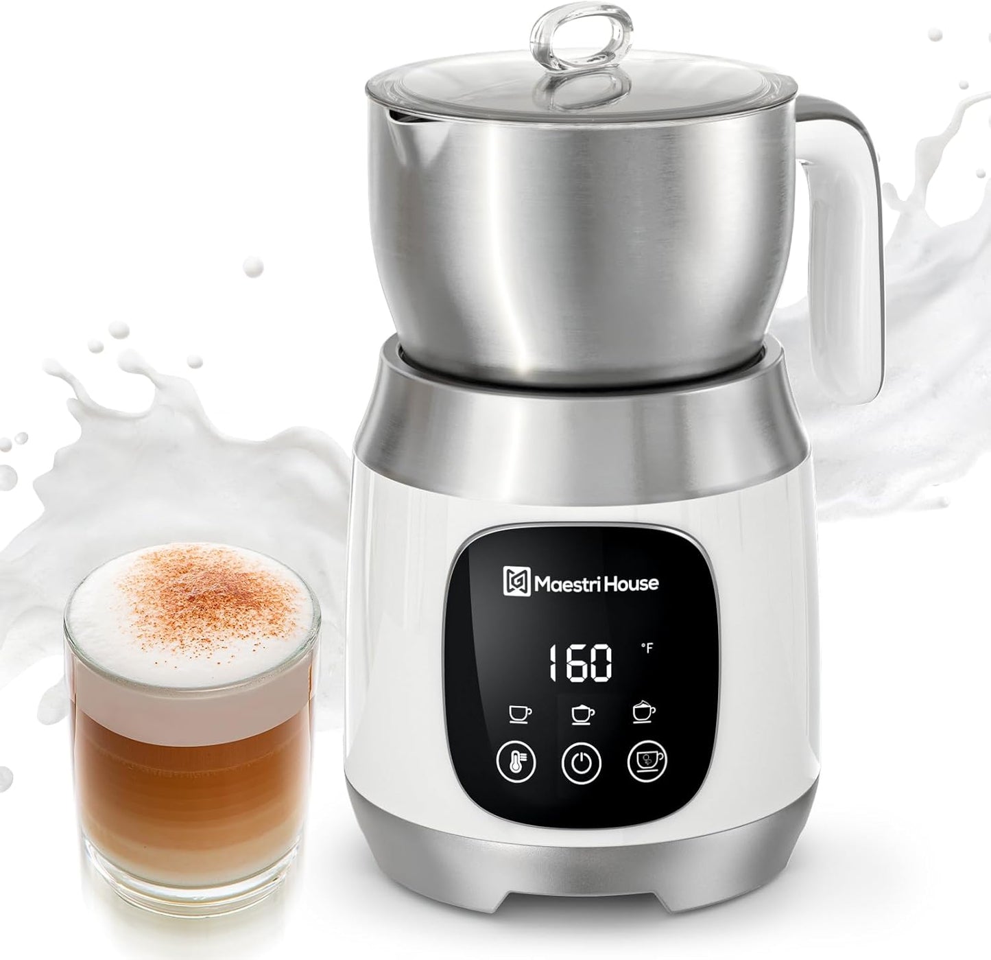 Maestri House Milk Frother, Variable Temp and Froth Thickness DualFro 600 Milk Frother Steamer, 21OZ Smart Touch Control Milk Warmer, Dishwasher Safe, Memory Function for Latte&Hot Chocolate (White)