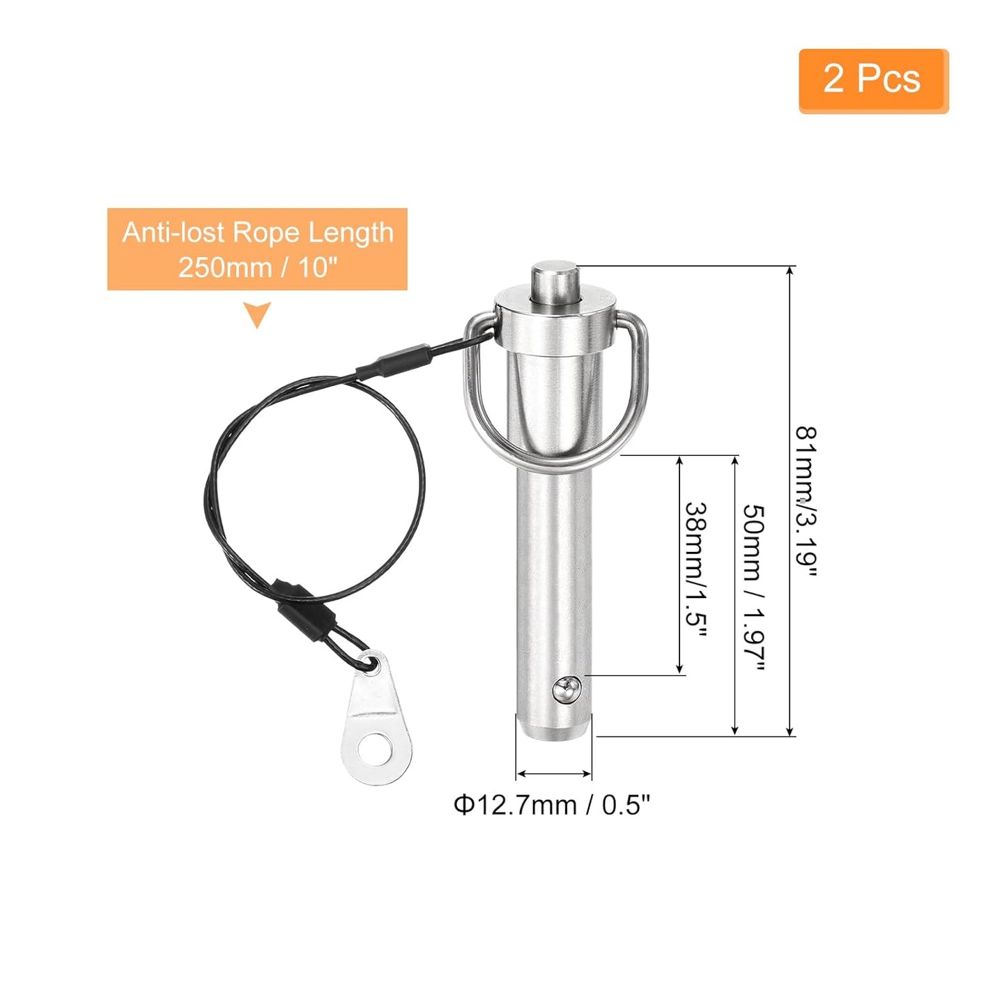 uxcell 2 Pcs Quick Release Pin, 1/2" x 1.5"(Dia. x L) Push-Button Ball Locking Pin 304 Stainless Steel Ring Handle Locking Pin with Wire for Audio Bimini Top Marine, Silver