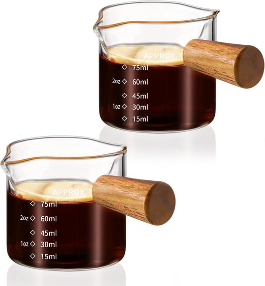 YARRAMATE 3oz Espresso Cups with Wood Handle (2 pack), Clear Glass Espresso Accessories, Double Spout Glass Measuring Cup with Dual Scale, Espresso Shot with V-Shaped Spout