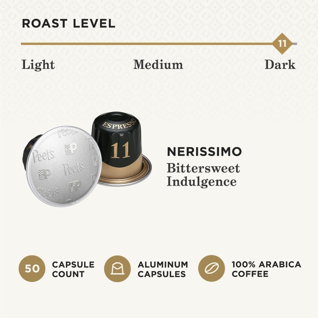 Peet's Coffee, Dark Roast Espresso Capsules, Compatible with Nespresso Original Machine - Nerissimo Intensity 11, 50 Count (5 Boxes of 10 Espresso Capsules)