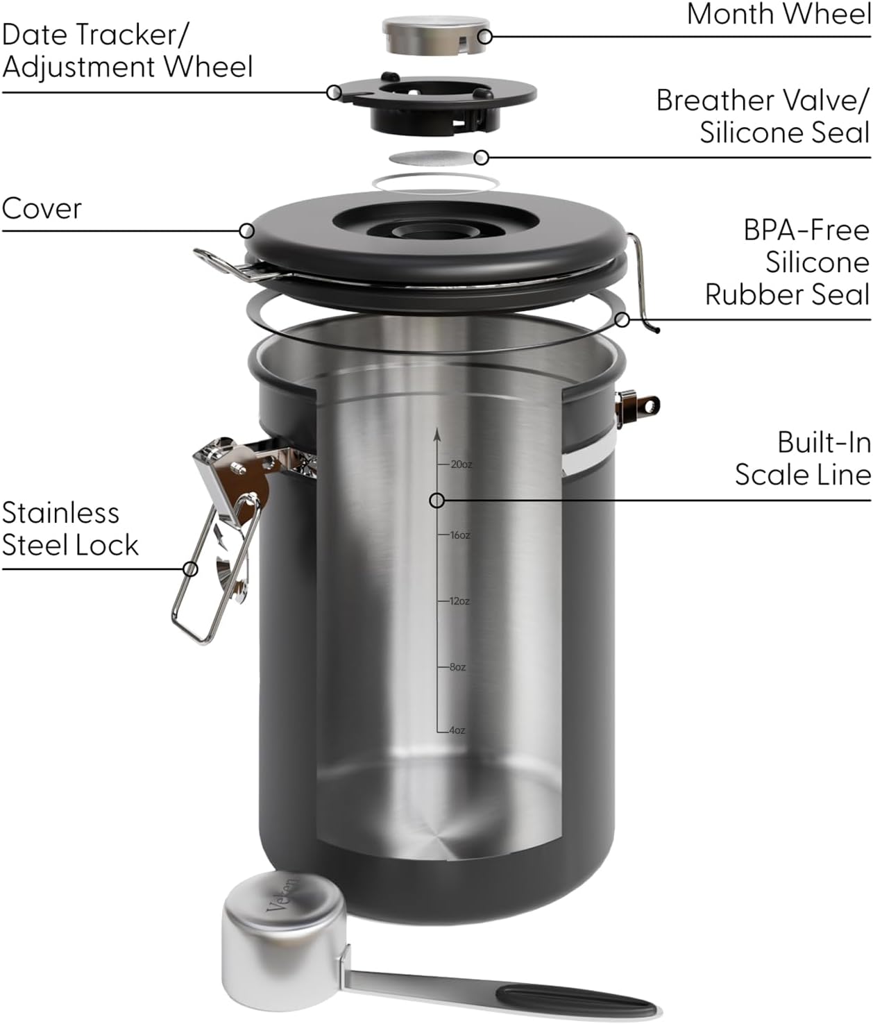 Veken Coffee Canister with Window,Airtight Stainless Steel Container,Home Kitchen Food Storage Organizers for Grounds,Beans,Espresso,Rice,Tea,Sugar,Flour, Cereal,Scoop,Bar Accessories,Gifts,22OZ,Black