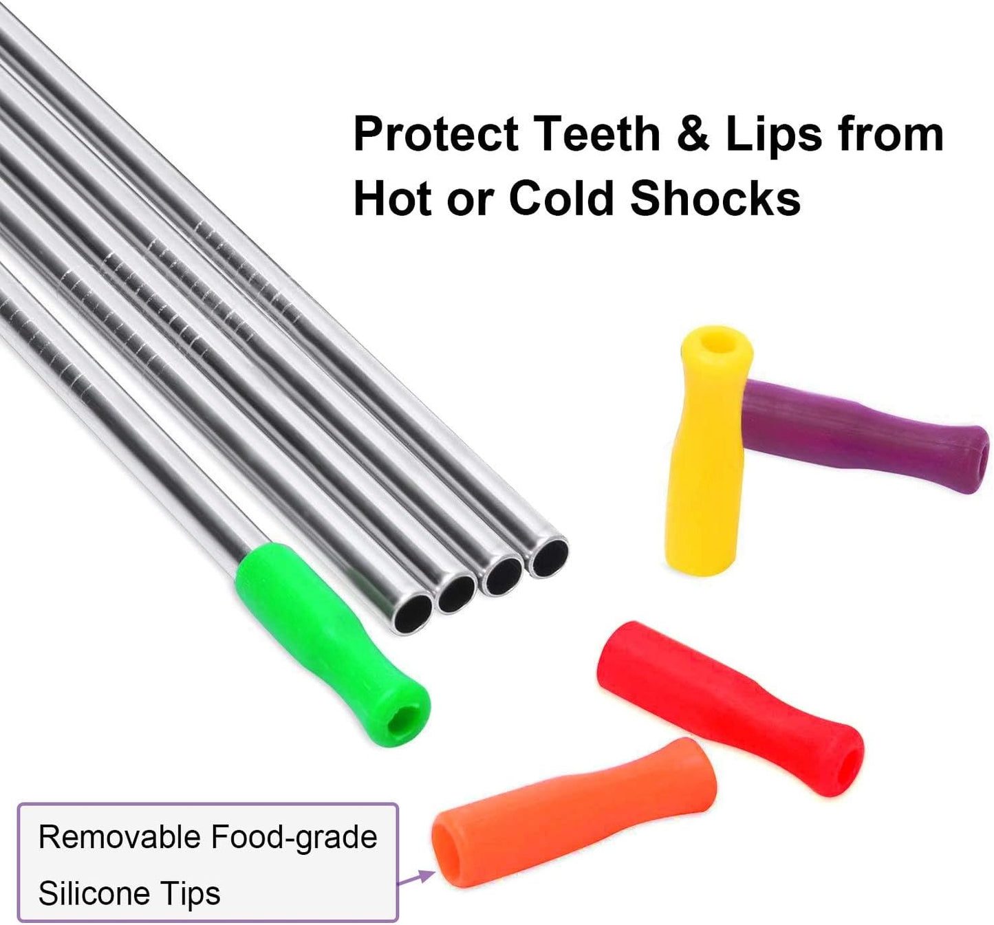 Stainless Steel Metal Straws with Silicone Tips Set of 10 Straight Reusable Drinking Straws for 20oz 30oz Tumblers (10.5'' L 0.24''Dia Staw + 2 Brushes)