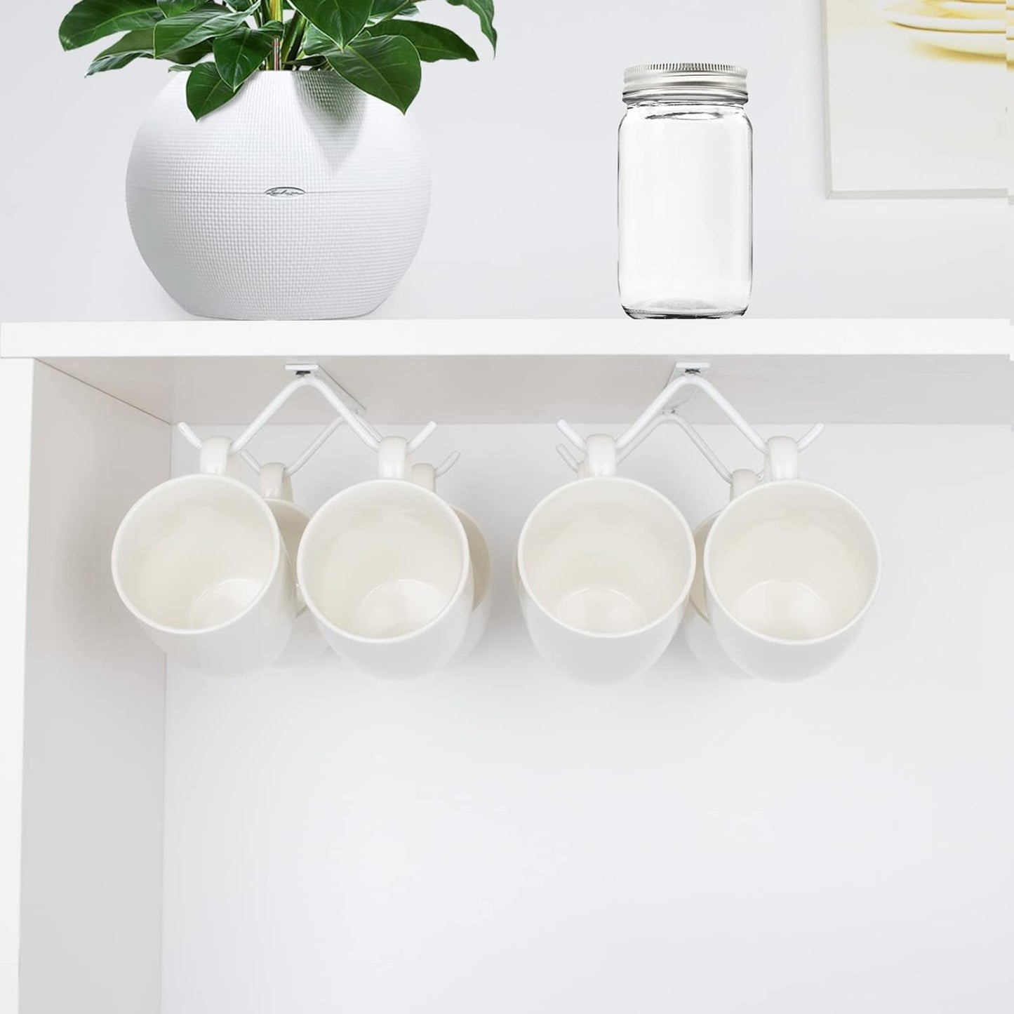 Cabinet Hook Mug Holder - Hanging Coffee Cup Rack for Kitchen, Under Cabinets Metal Hangers Organizer Shelf Storage Utensil (White)